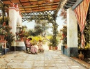 Mother and Daughter Sewing on a Patio