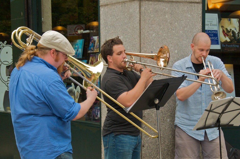The Band outside Barnes & Noble jigsaw puzzle in People puzzles on TheJigsawPuzzles.com
