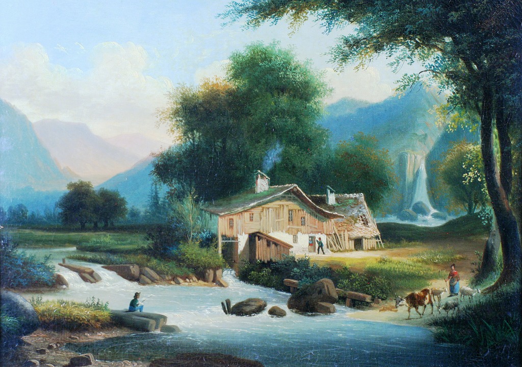 Landscape With a Cottage by a Stream jigsaw puzzle in Waterfalls puzzles on TheJigsawPuzzles.com