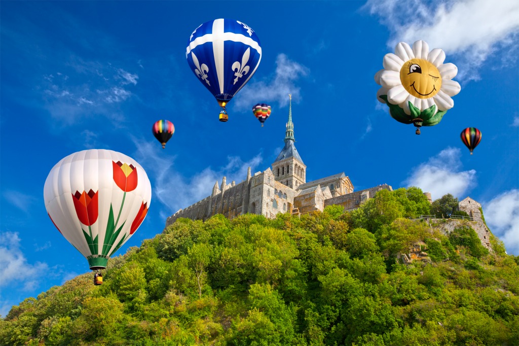 Hot Air Balloons over Mont Saint-Michel jigsaw puzzle in Puzzle of the Day puzzles on TheJigsawPuzzles.com