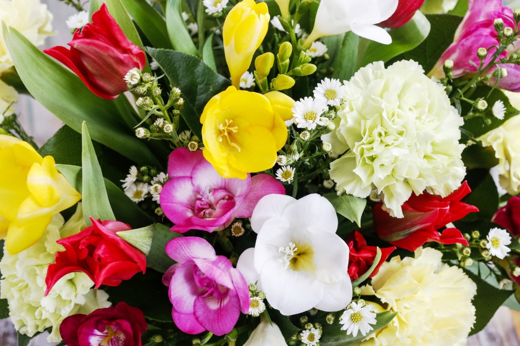 Bouquet of Freesias, Carnations and Tulips jigsaw puzzle in Flowers puzzles on TheJigsawPuzzles.com