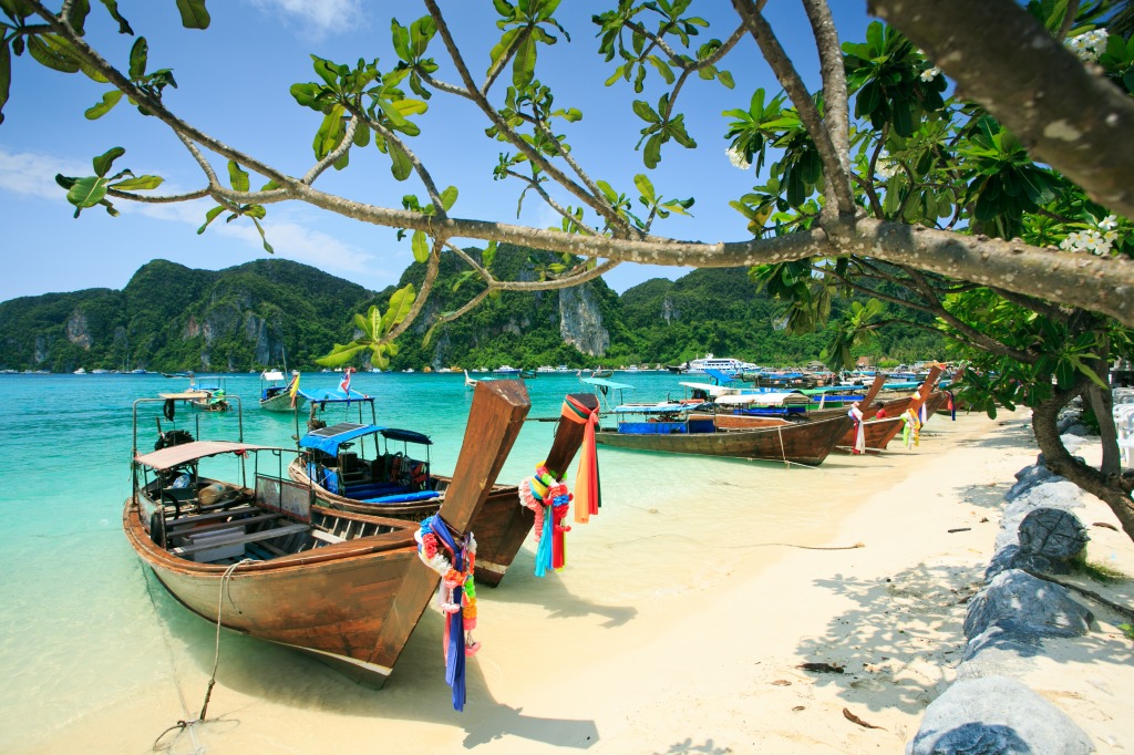 Long Tail Boats in Phi Phi, Thailand jigsaw puzzle in Puzzle of the Day puzzles on TheJigsawPuzzles.com