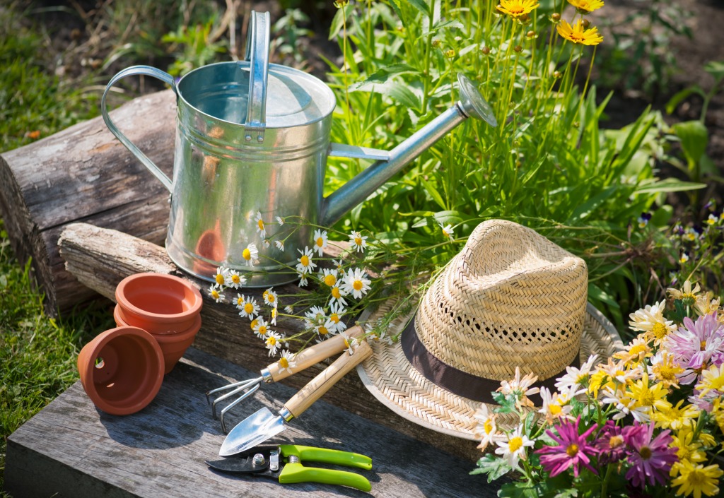 Gardening Tools and A Straw Hat On the Grass In the Garden jigsaw puzzle in Puzzle of the Day puzzles on TheJigsawPuzzles.com