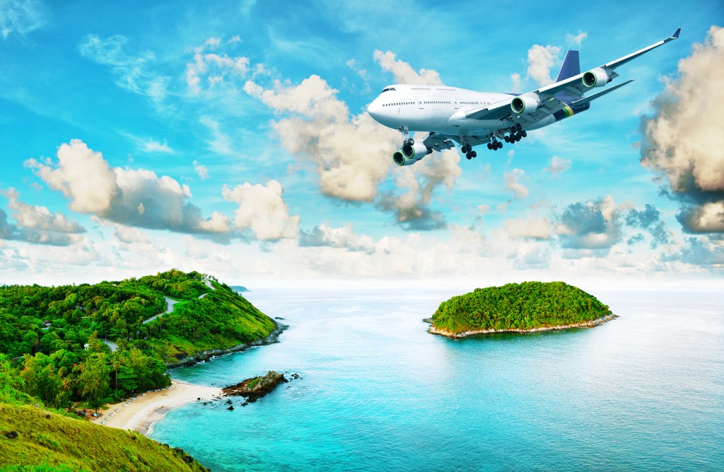 Jet Plane over the Tropical Island jigsaw puzzle in Aviation puzzles on TheJigsawPuzzles.com