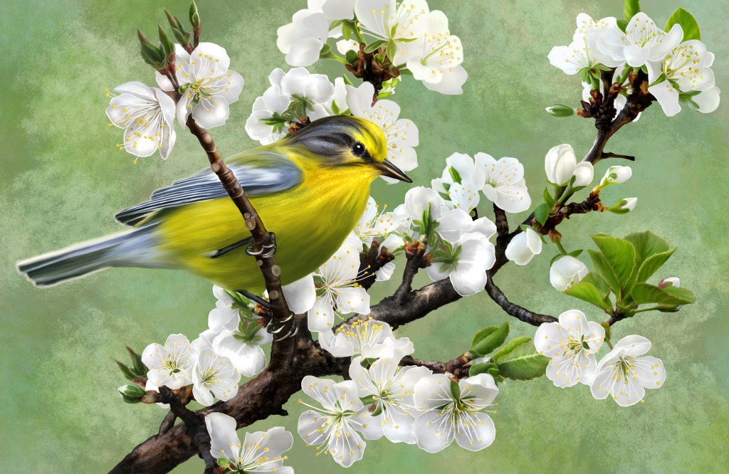 Yellow Bird and Cherry Blossoms jigsaw puzzle in Animals puzzles on TheJigsawPuzzles.com