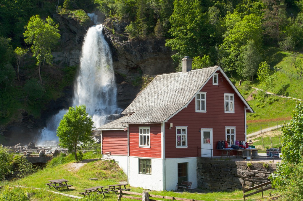Traditional House and Waterfall in Norway jigsaw puzzle in Waterfalls puzzles on TheJigsawPuzzles.com