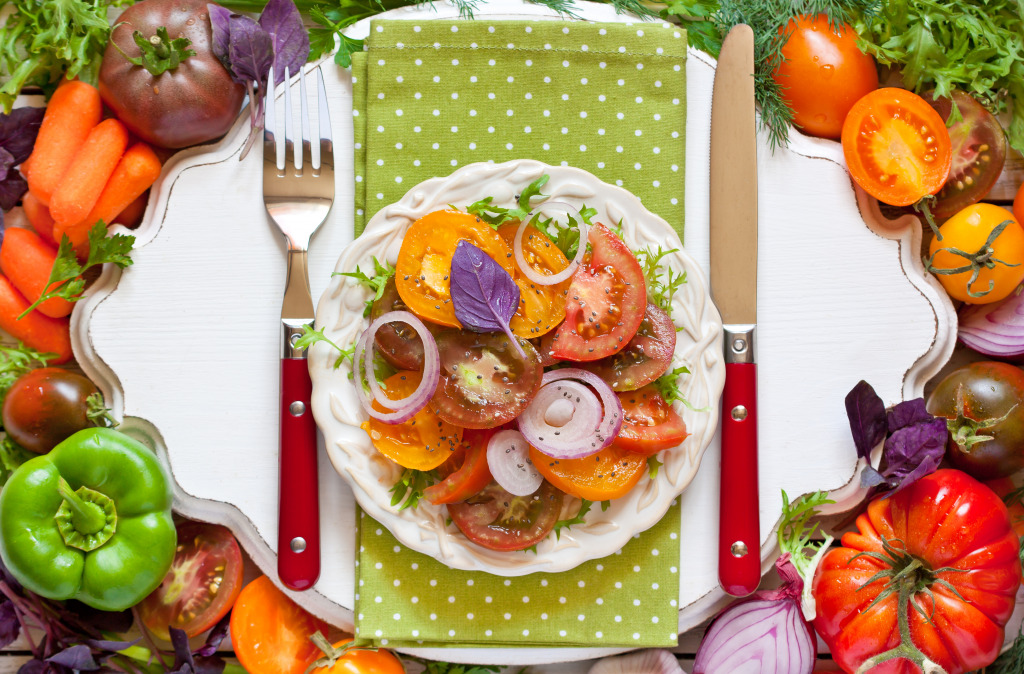 Tomato Salad with Fresh Vegetables and Herbs jigsaw puzzle in Fruits & Veggies puzzles on TheJigsawPuzzles.com