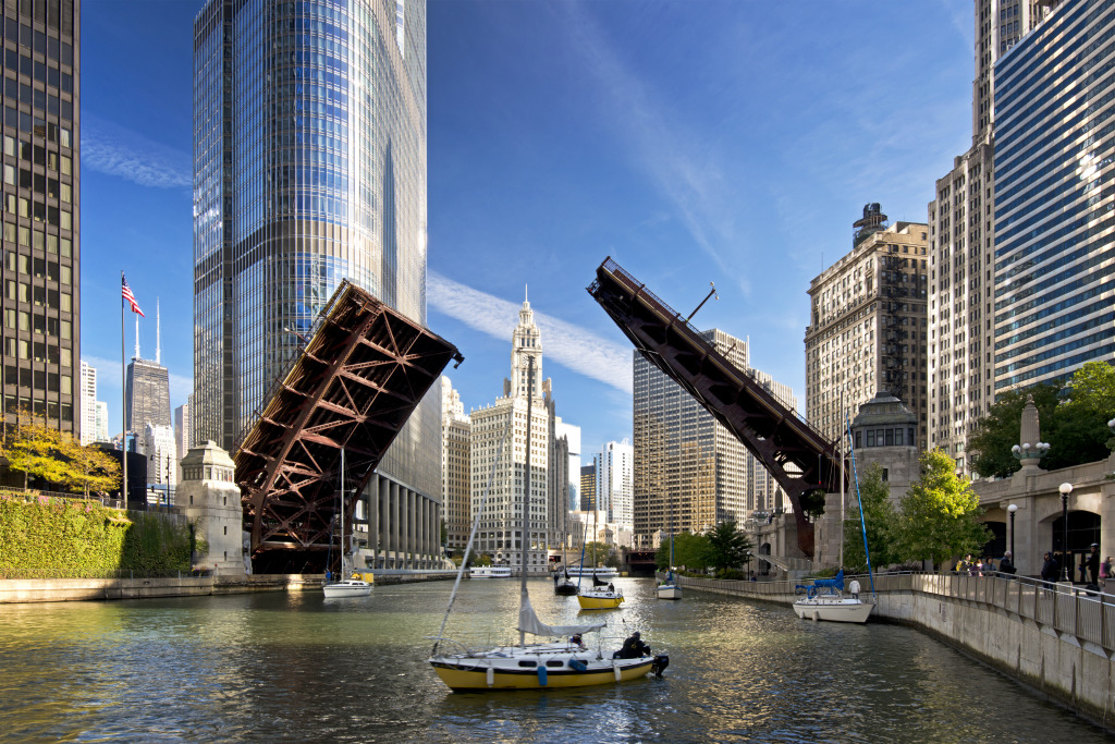 Chicago River Bridges Raising jigsaw puzzle in Bridges puzzles on TheJigsawPuzzles.com