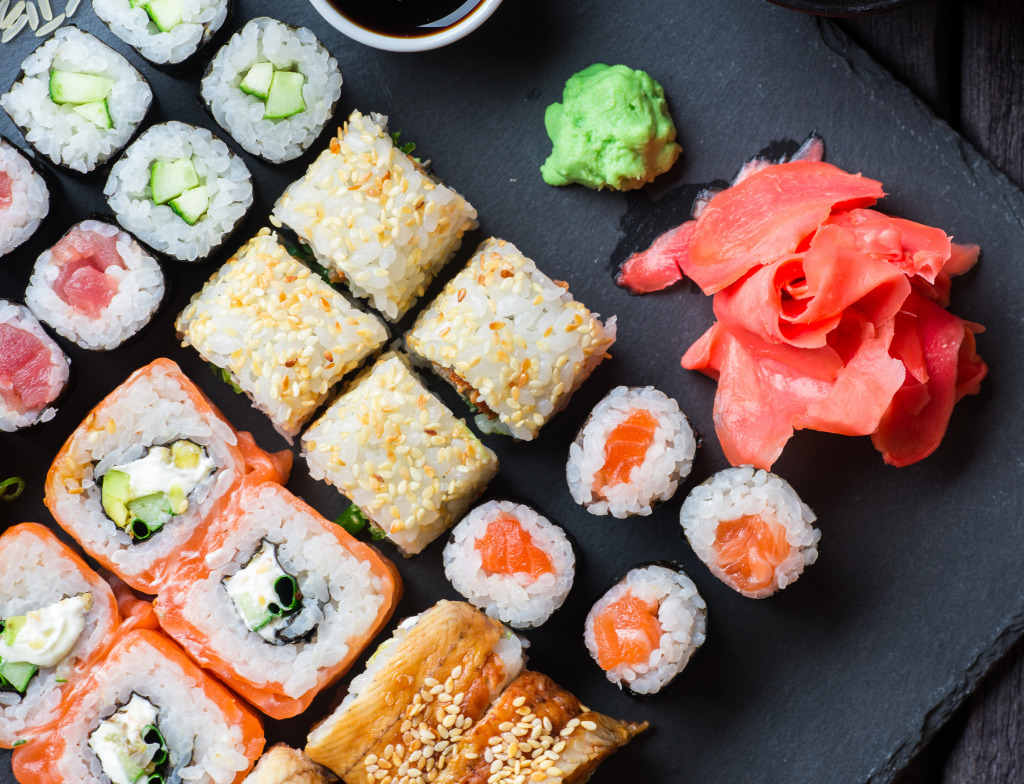 Sushi Served on Black Stone jigsaw puzzle in Food & Bakery puzzles on TheJigsawPuzzles.com