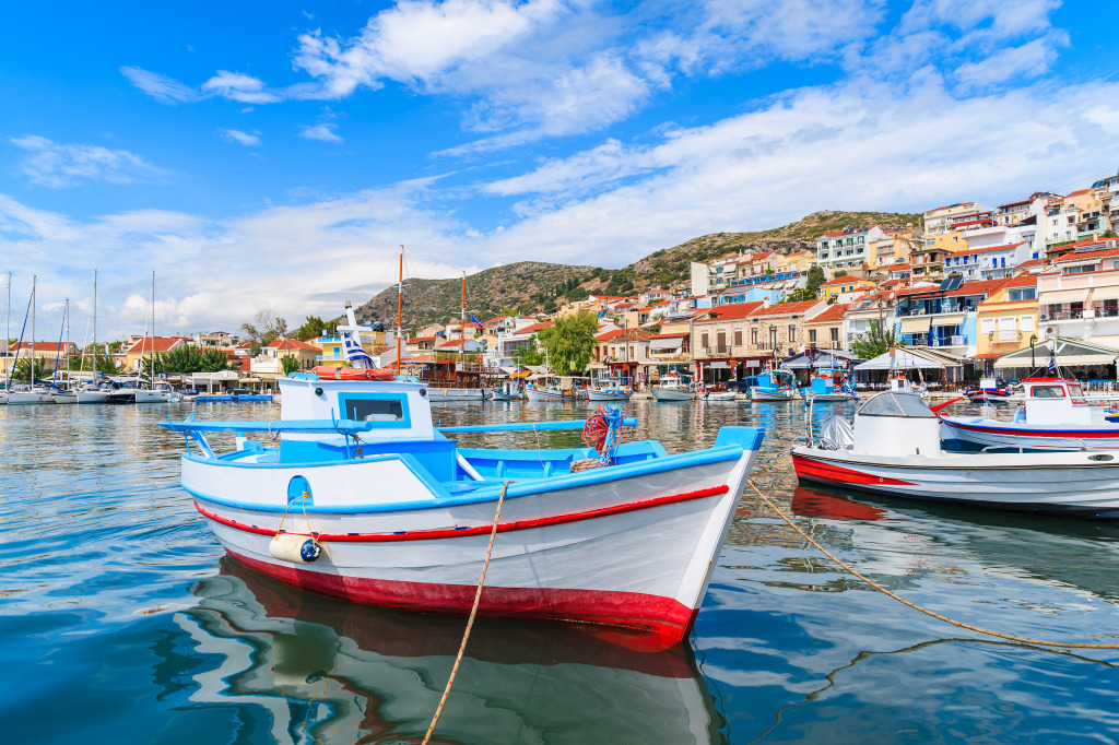 Greek Fishing Boat in Pythagorion Port jigsaw puzzle in Puzzle of the Day puzzles on TheJigsawPuzzles.com