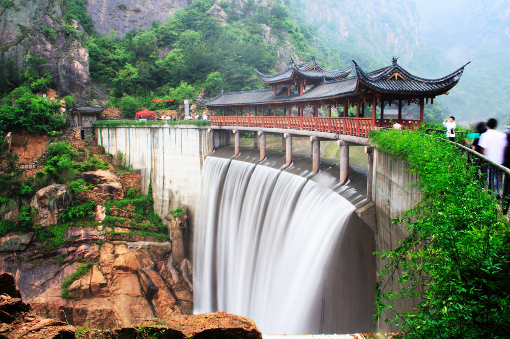 Temple and Waterfall in Taizhou, China jigsaw puzzle in Piece of Art puzzles on TheJigsawPuzzles.com