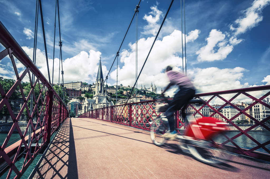 Red Footbridge in Lyon, France jigsaw puzzle in Bridges puzzles on TheJigsawPuzzles.com