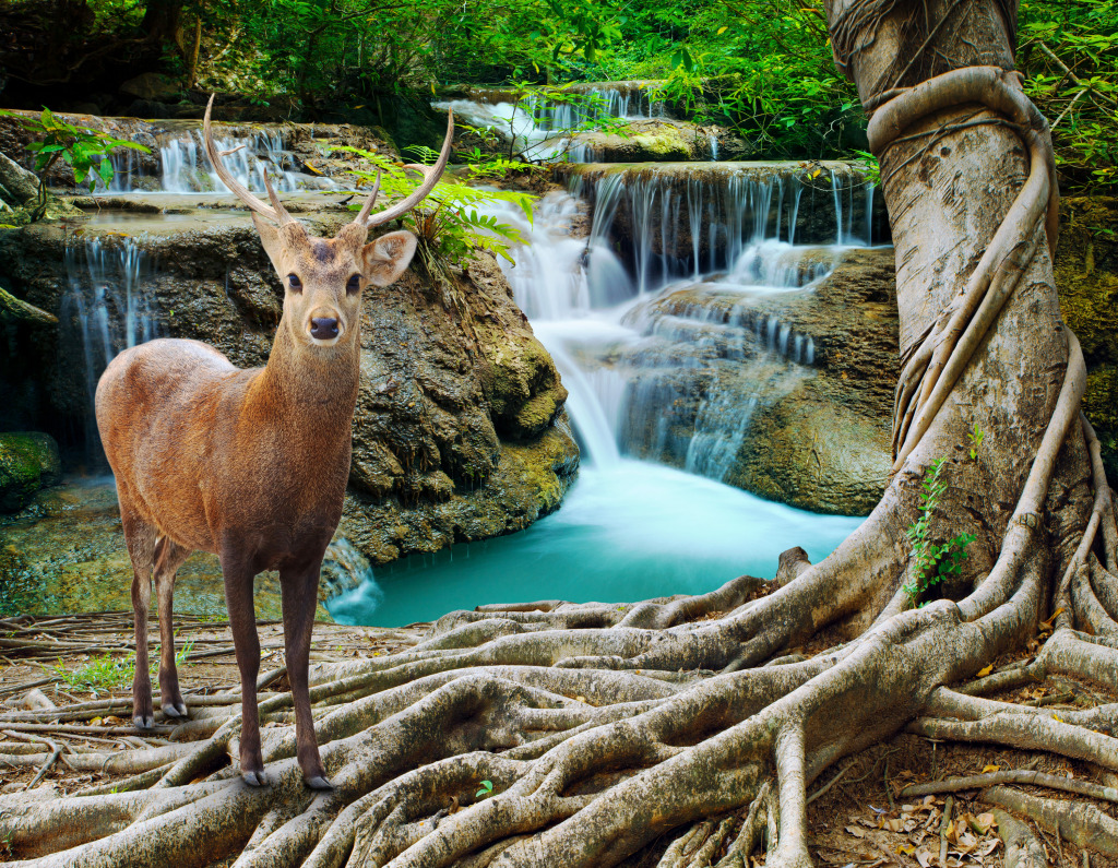 Sambar Deer beside Banyan Tree jigsaw puzzle in Waterfalls puzzles on TheJigsawPuzzles.com