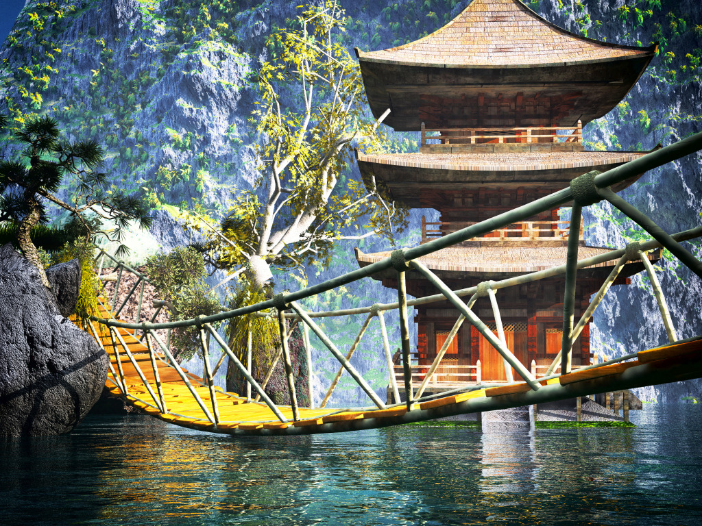 Japanese Buddhist Temple and Rope Bridge jigsaw puzzle in Bridges puzzles on TheJigsawPuzzles.com