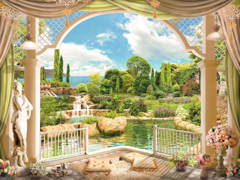 Terrace Overlooking the Garden jigsaw puzzle in Waterfalls puzzles on TheJigsawPuzzles.com
