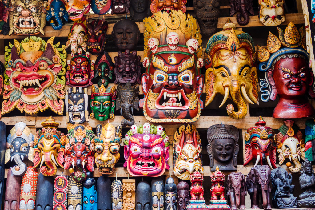 Wooden Masks in Kathmandu, Nepal jigsaw puzzle in Handmade puzzles on TheJigsawPuzzles.com