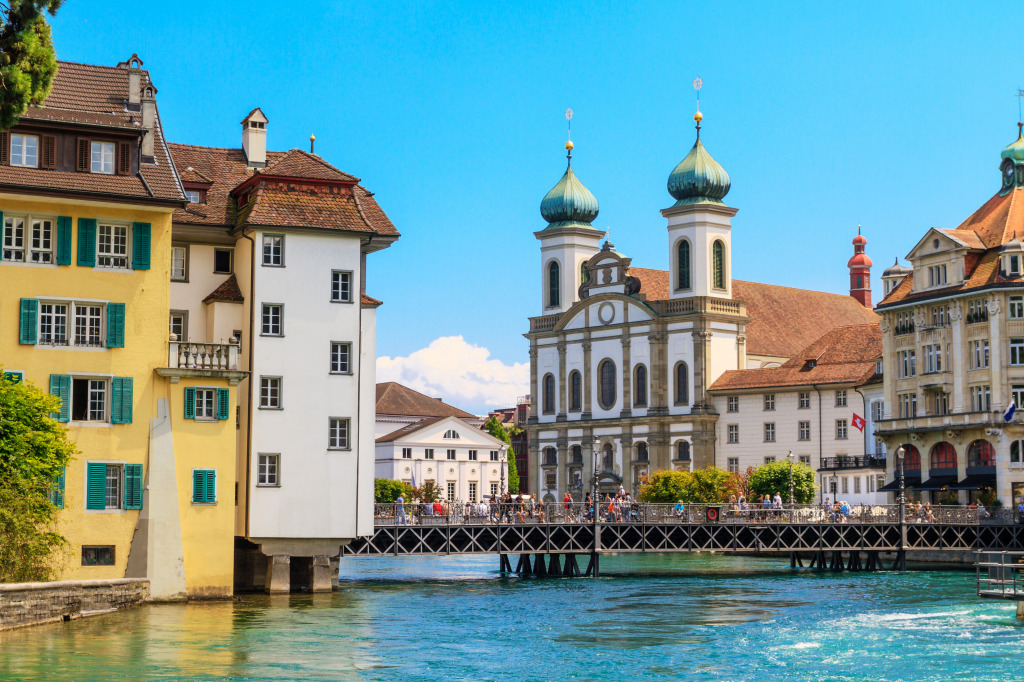 River Reuss and Jesuit Church, Lucerne, Switzerland jigsaw puzzle in Puzzle of the Day puzzles on TheJigsawPuzzles.com