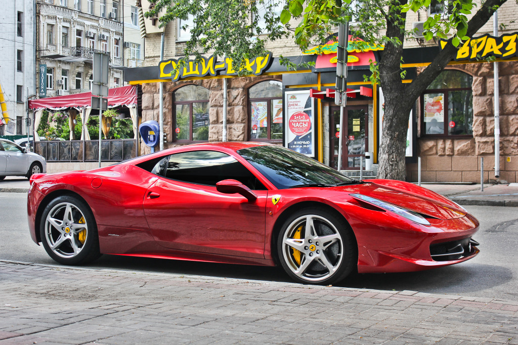 Red Ferrari in Kiev, Ukraine jigsaw puzzle in Cars & Bikes puzzles on TheJigsawPuzzles.com