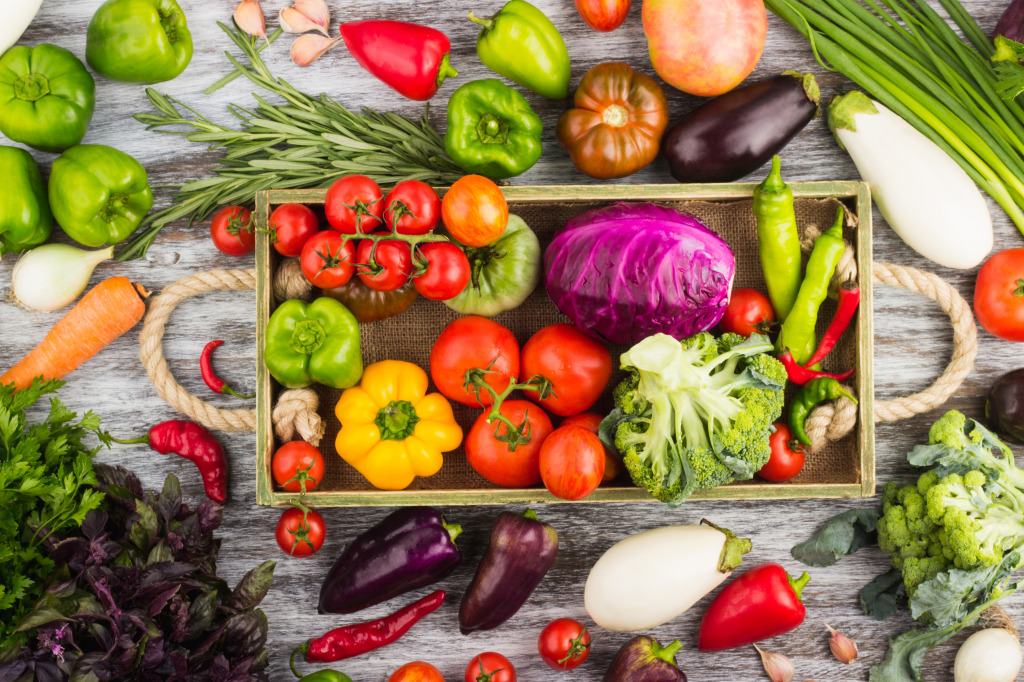 Vegetables in the Wooden Tray jigsaw puzzle in Fruits & Veggies puzzles on TheJigsawPuzzles.com