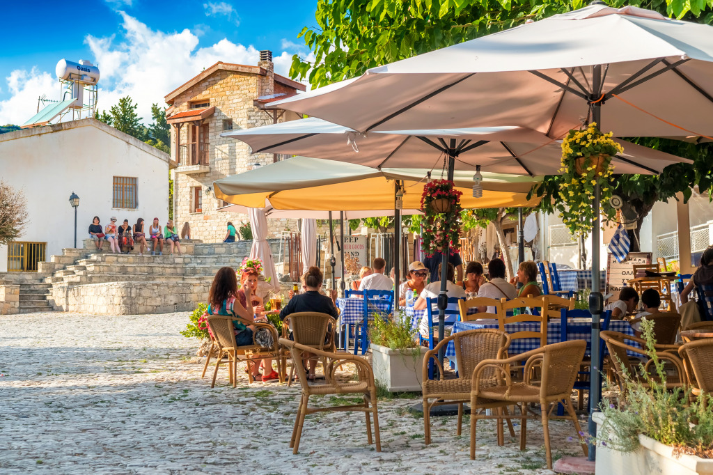 Street Cafe in Omodos, Cyprus jigsaw puzzle in People puzzles on TheJigsawPuzzles.com