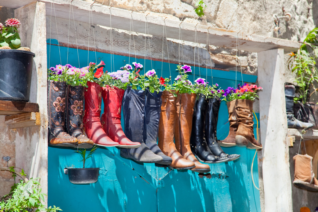 Old Boot Flower Pots jigsaw puzzle in Flowers puzzles on TheJigsawPuzzles.com