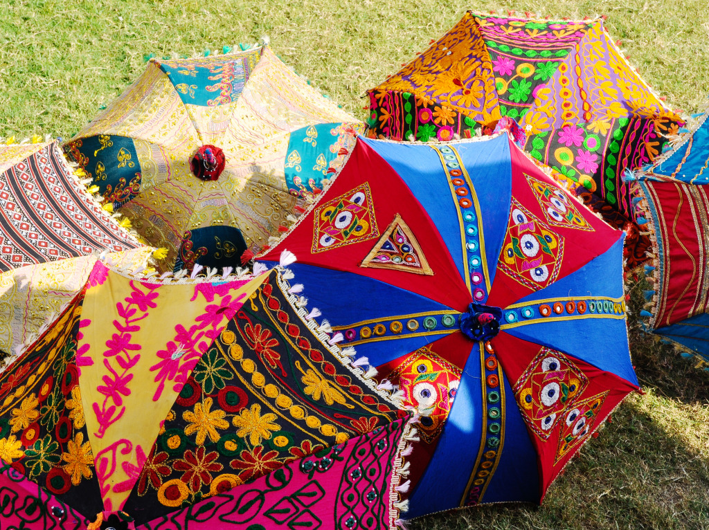 Colorful Umbrellas in Rajasthan, India jigsaw puzzle in Handmade puzzles on TheJigsawPuzzles.com