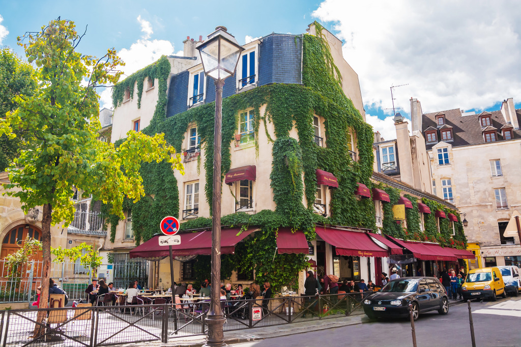 Cafe in the Quarter Marais, Paris jigsaw puzzle in Street View puzzles on TheJigsawPuzzles.com