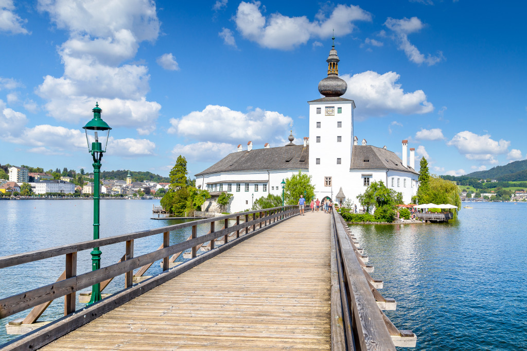 Schloss Ort with Wooden Bridge, Austria jigsaw puzzle in Bridges puzzles on TheJigsawPuzzles.com