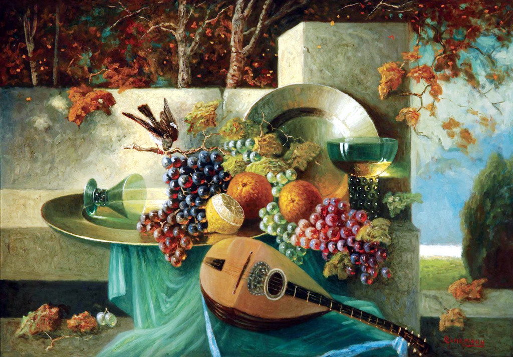 Still Life of Fruit and Mandolin jigsaw puzzle in Piece of Art puzzles on TheJigsawPuzzles.com