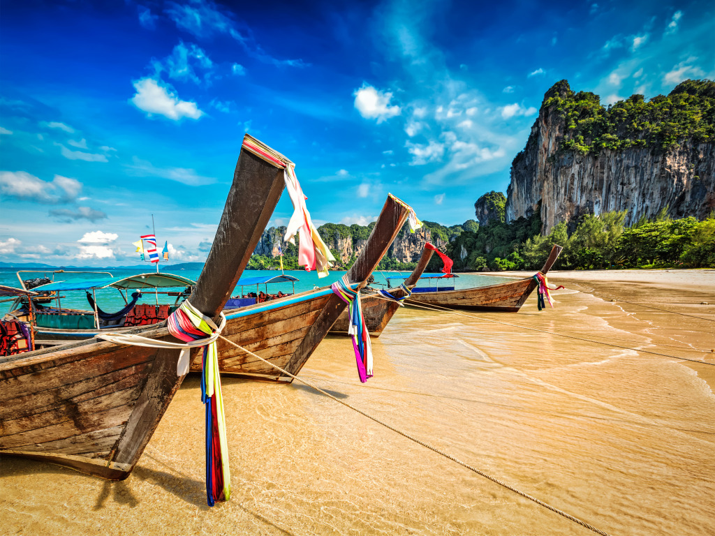 Long-tail Boats on Railay Beach, Thailand jigsaw puzzle in Great Sightings puzzles on TheJigsawPuzzles.com