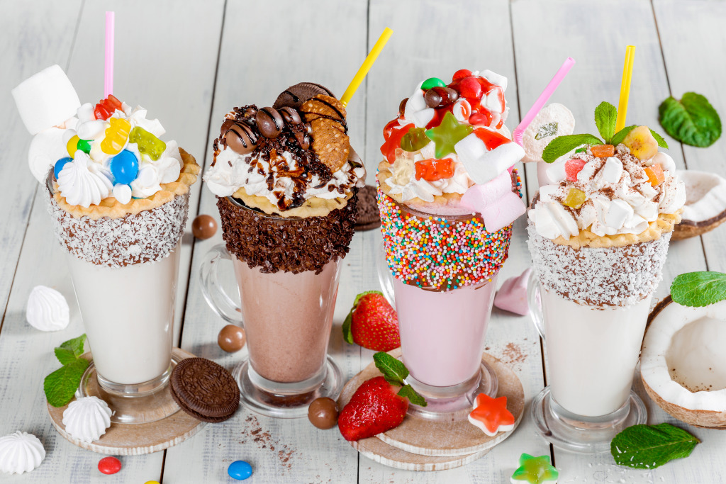 Four Milkshakes jigsaw puzzle in Food & Bakery puzzles on TheJigsawPuzzles.com