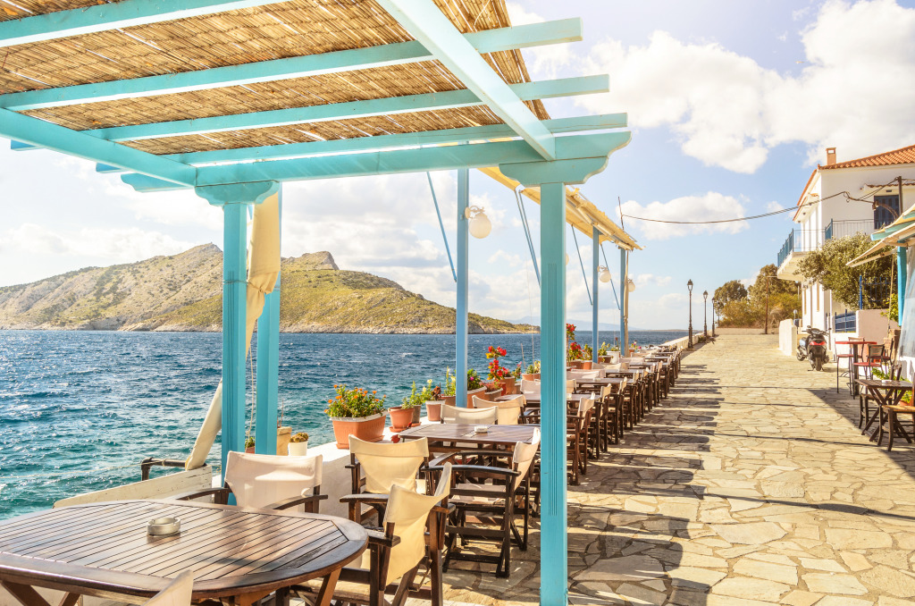 Seaside Restaurant, Aegina Island, Greece jigsaw puzzle in Food & Bakery puzzles on TheJigsawPuzzles.com