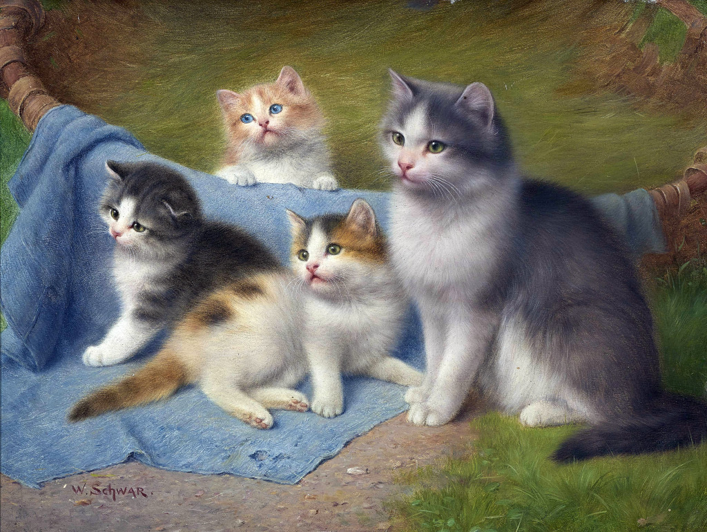 Mother with her Three Kittens jigsaw puzzle in Piece of Art puzzles on TheJigsawPuzzles.com