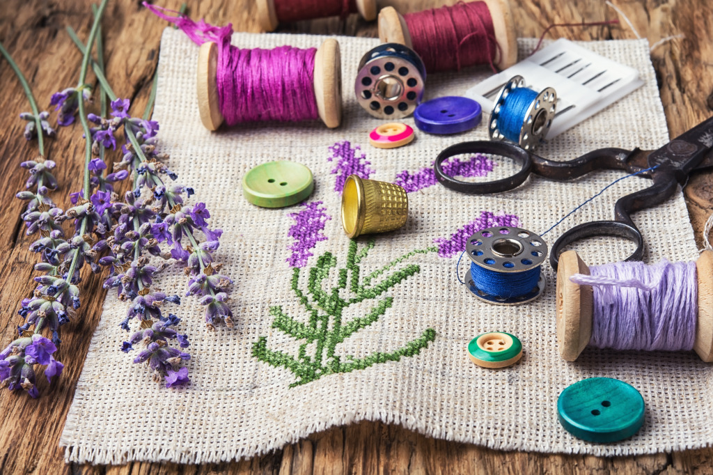 Embroidery Bouquet of Lavender jigsaw puzzle in Handmade puzzles on TheJigsawPuzzles.com