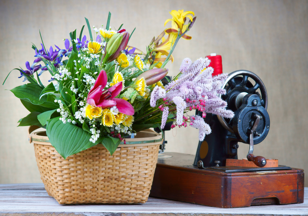 Flower Arrangement with a Sewing Machine jigsaw puzzle in Flowers puzzles on TheJigsawPuzzles.com