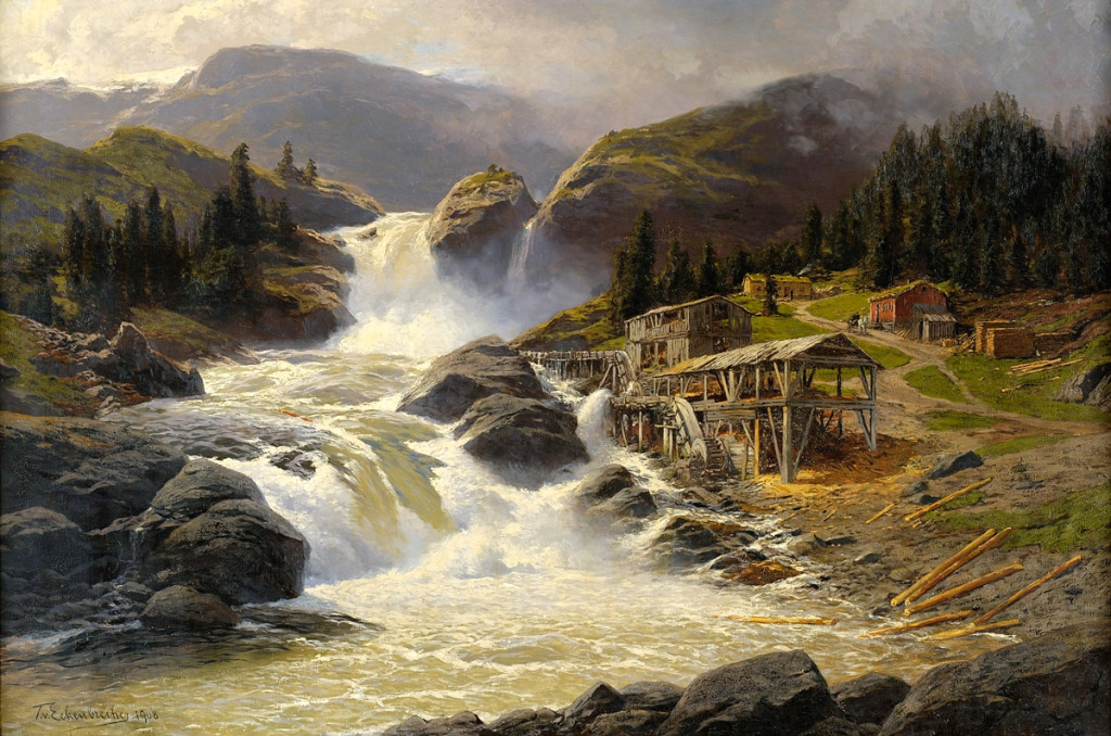 Norwegian Waterfall with Sawmill jigsaw puzzle in Waterfalls puzzles on TheJigsawPuzzles.com