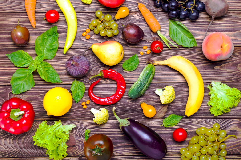 Assortment of Fresh Fruits and Vegetables jigsaw puzzle in Fruits & Veggies puzzles on TheJigsawPuzzles.com