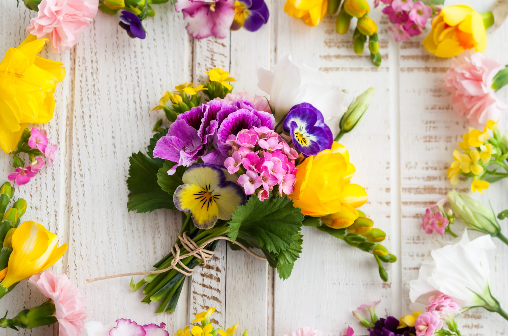 Bunch of Flowers on the Wooden Table jigsaw puzzle in Flowers puzzles on TheJigsawPuzzles.com