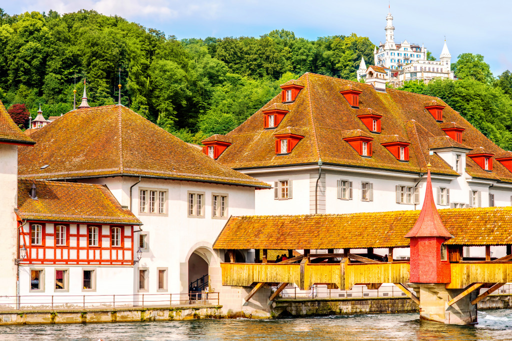 Wooden Bridge in Lucerne City, Switzerland jigsaw puzzle in Bridges puzzles on TheJigsawPuzzles.com