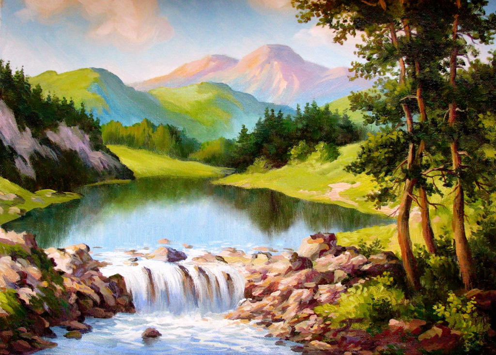 Mountain Landscape with a Waterfall jigsaw puzzle in Waterfalls puzzles on TheJigsawPuzzles.com