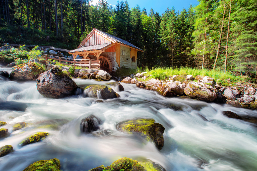 Old Mill and Golling Waterfall, Austria jigsaw puzzle in Waterfalls puzzles on TheJigsawPuzzles.com