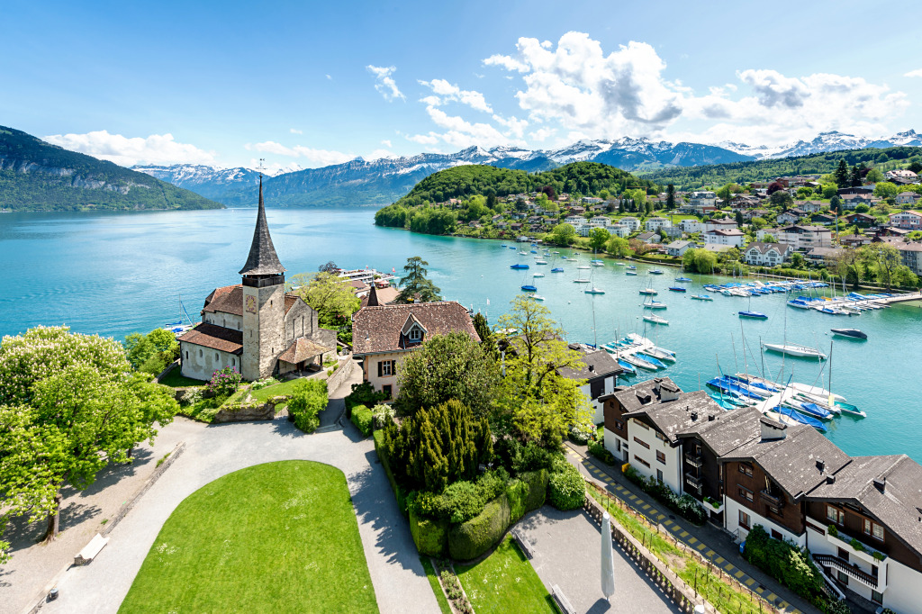 Spiez Castle on Lake Thun, Switzerland jigsaw puzzle in Castles puzzles on TheJigsawPuzzles.com