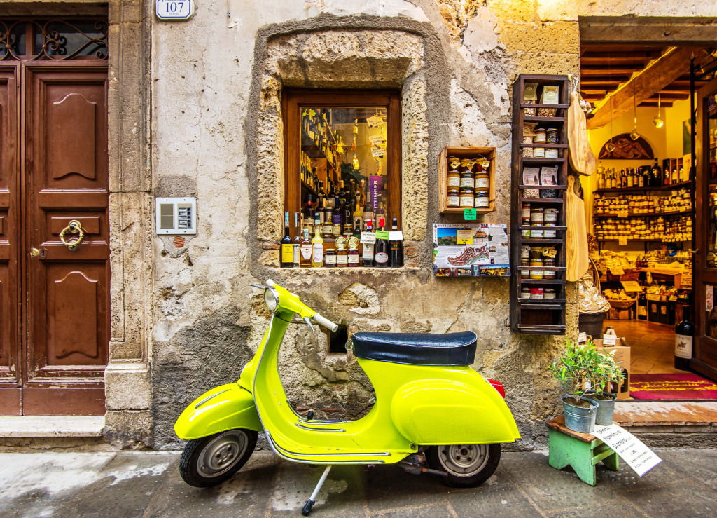 Lime Vespa, Pitigliano, Italy jigsaw puzzle in Cars & Bikes puzzles on TheJigsawPuzzles.com