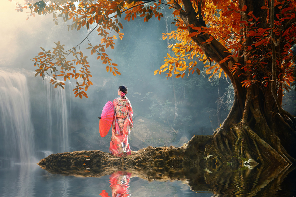 Kimono Girl at the Waterfall jigsaw puzzle in Waterfalls puzzles on TheJigsawPuzzles.com