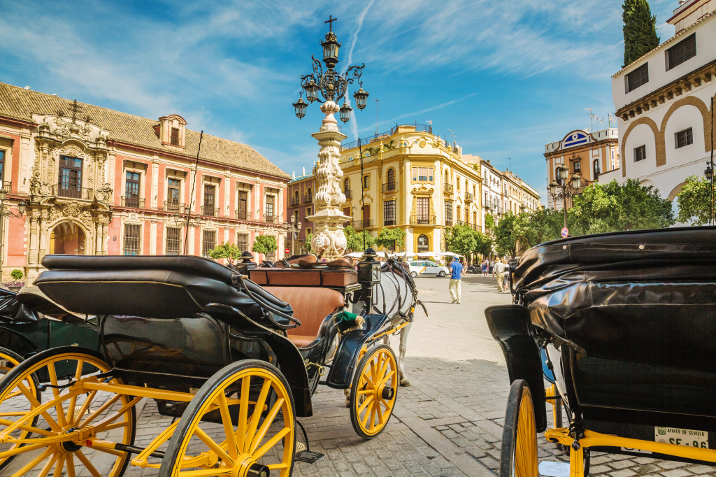 Horse Carriages in Seville, Spain jigsaw puzzle in Street View puzzles on TheJigsawPuzzles.com