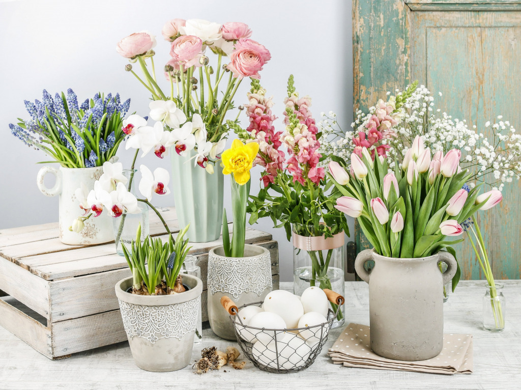 Spring Flowers on a Wooden Table jigsaw puzzle in Flowers puzzles on TheJigsawPuzzles.com