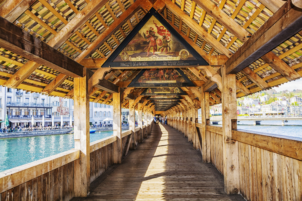 Chapel Bridge Inside View, Lucerne, Switzerland jigsaw puzzle in Bridges puzzles on TheJigsawPuzzles.com