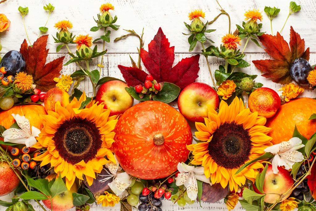 Pumpkins, Fruits and Fall Leaves jigsaw puzzle in Fruits & Veggies puzzles on TheJigsawPuzzles.com