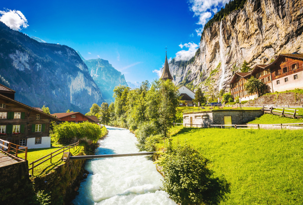 Lauterbrunnen Valley, Swiss Alps jigsaw puzzle in Waterfalls puzzles on TheJigsawPuzzles.com