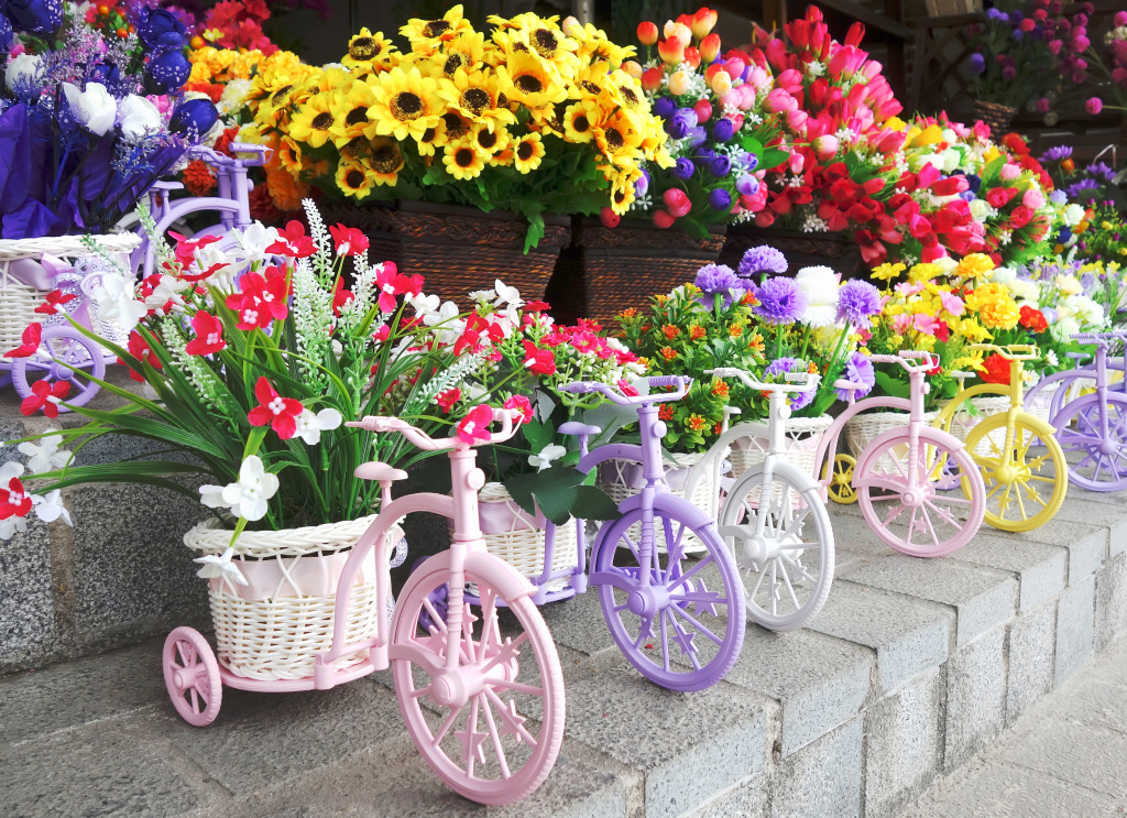 Flowers in Bicycle Pots jigsaw puzzle in Puzzle of the Day puzzles on TheJigsawPuzzles.com